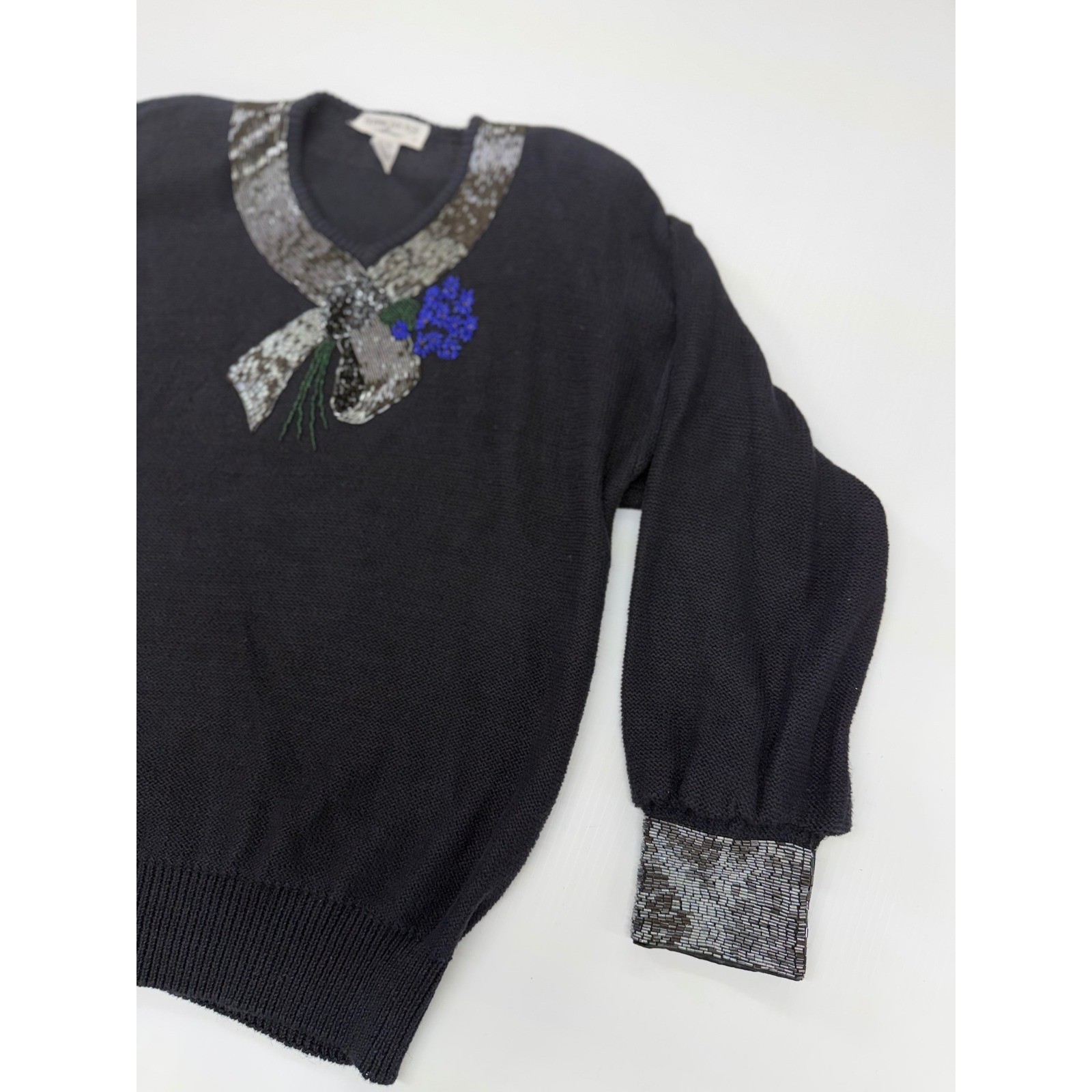 VTG Bonnie Boerer Sweater Black Beaded Sequin Bow Floral Ramie Cotton Womens M