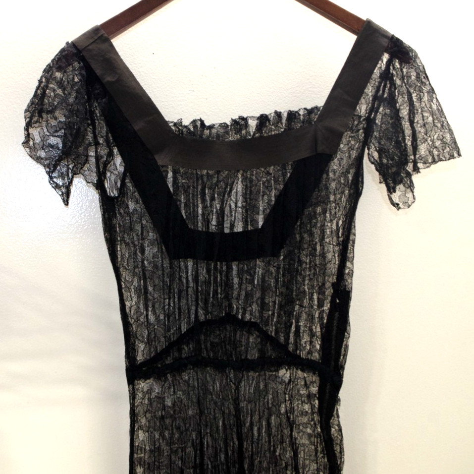 T3 ANTIQUE 1920’S SHEER BLACK French Lace Long DRESS Hand Sewn Grosgrain Ribbon