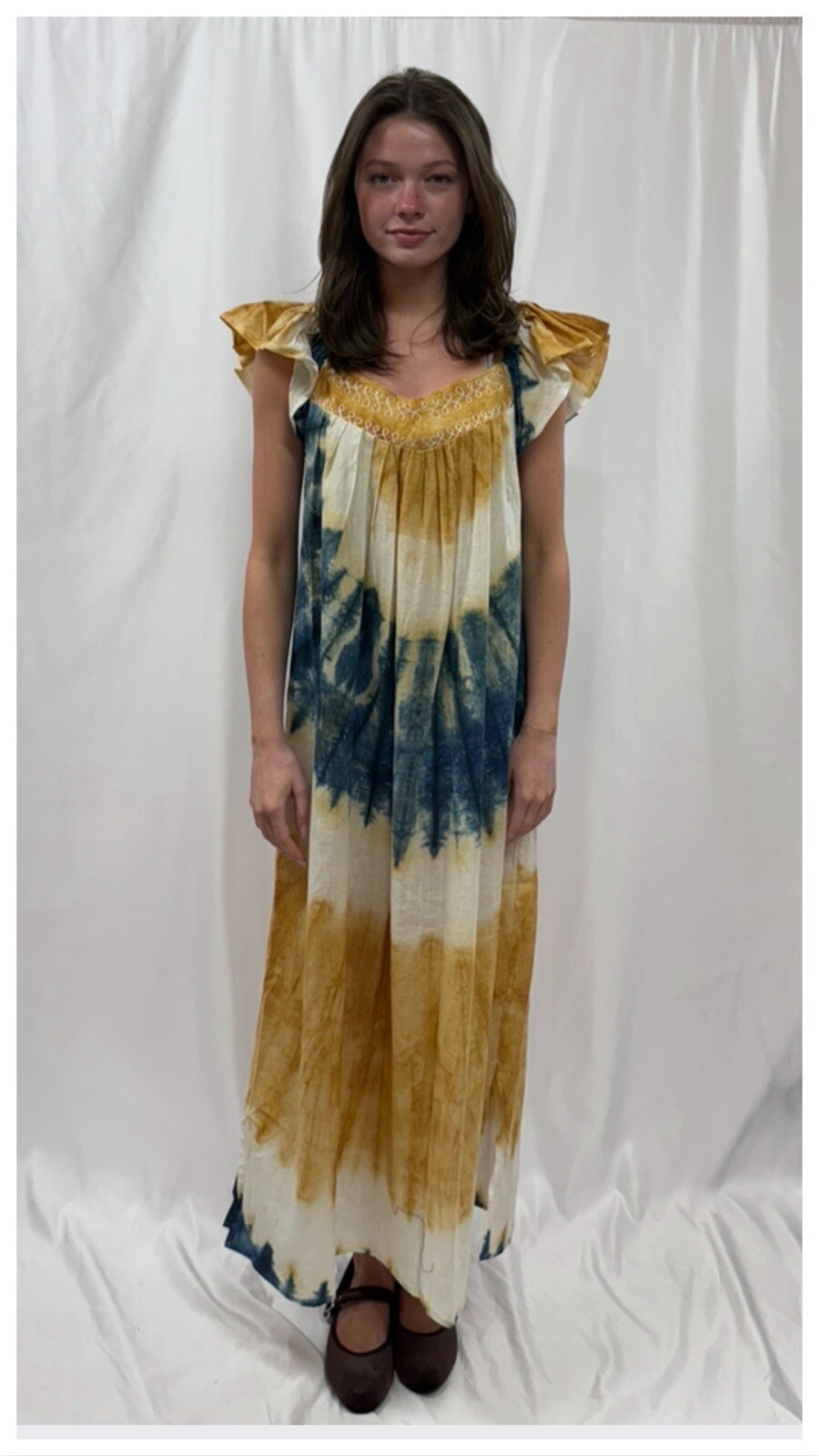 Vtg 70s 80s Hand Dyed Cotton Hippie Maxi Dress Ruffles Bohemian Summer Sundress