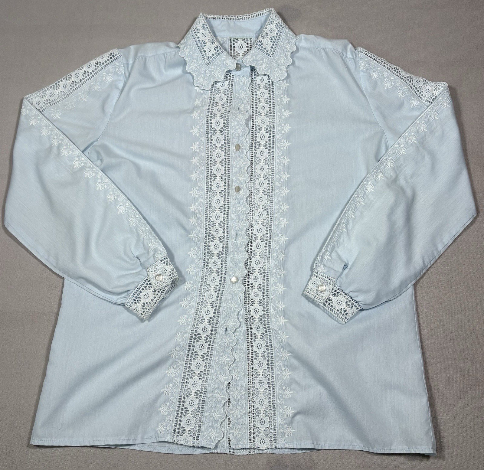 Vintage 1970s Victorian Prairie Blouse Sheer Crochet Eyelet Lace Trim Shirt L