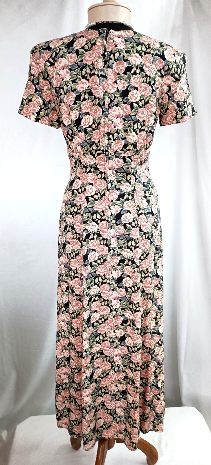 Vintage 90s Pink Rose Print Romantic Style Short Sleeve Rayon Midi Dress Size 9