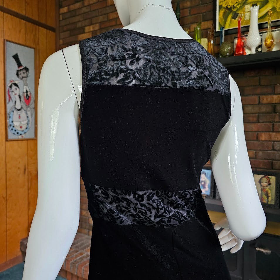 Vtg 90s Goth Club Sheer Burnout Velvet Stretch Maxi Dress Evening Prom Gown S/M