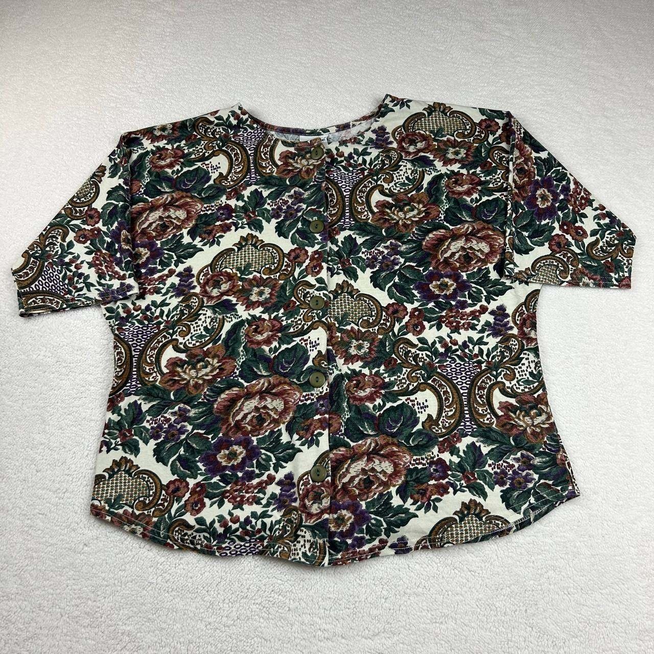 Vintage 80s 90s Touche LA Floral AOP 1/4 Sleeve Button Shirt Women’s Size Small