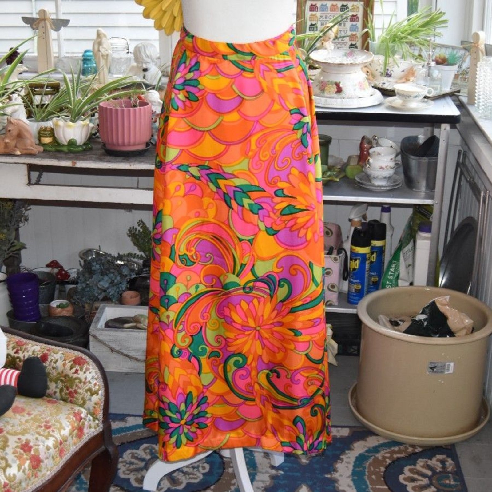 Vintage 70s Psychedelic Maxi Skirt Neon Floral Mod Hippie XS 26 Waist