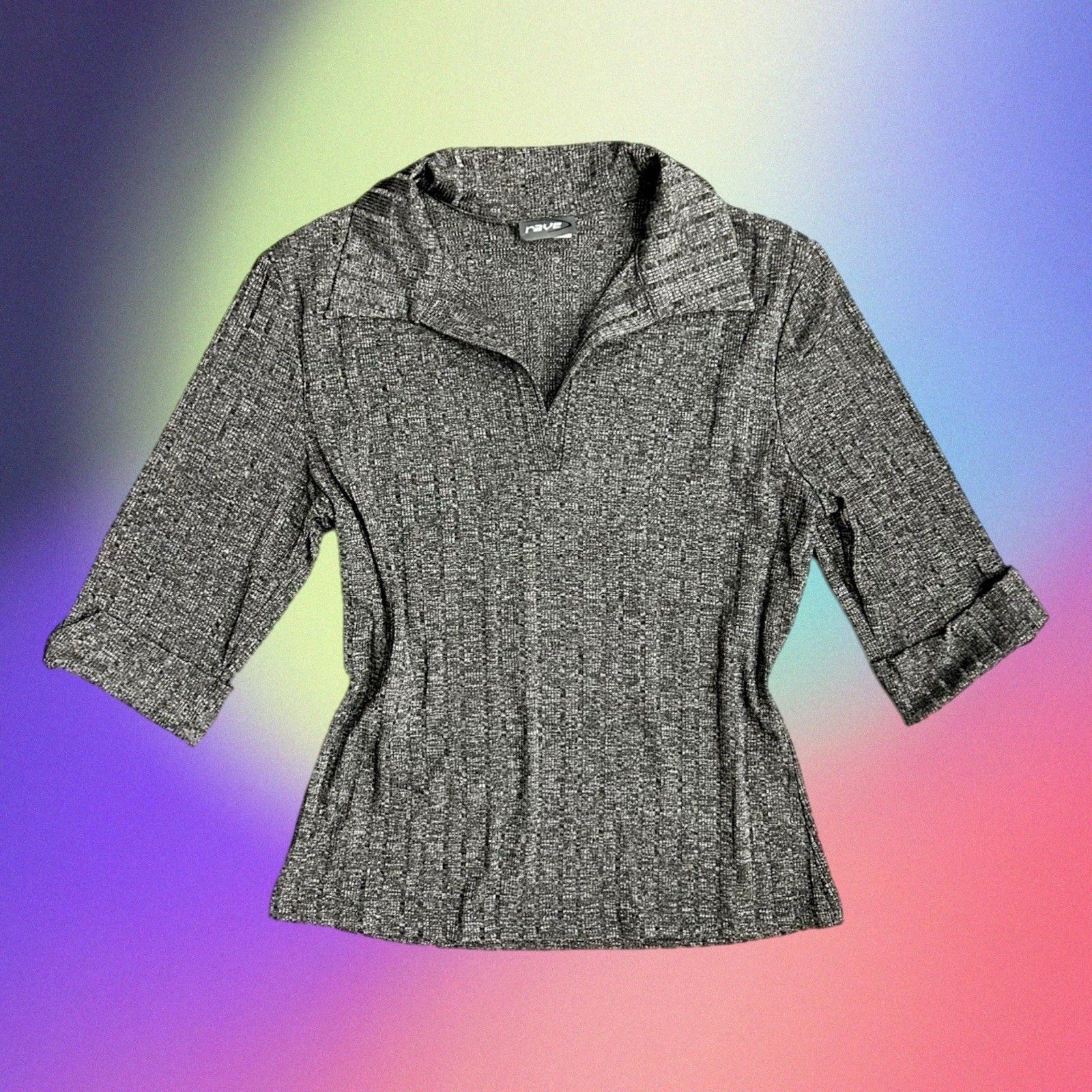 Vintage 90s Rave Women’s Grey Collared Top Size Large L USA Made Quarter Sleeve