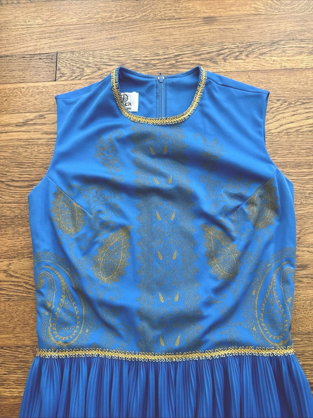Vintage Alfred Shaheen Asian Inspired Hawaiian Aloha Maxi Dress Sz 8 Blue & Gold