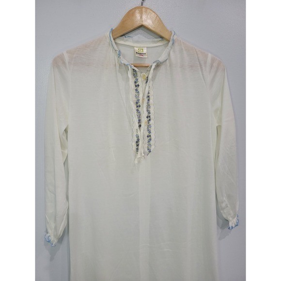 Vintage Cosmo White Cotton Modal Embroidered Nightgown Blue Lettuce Edge Trim L