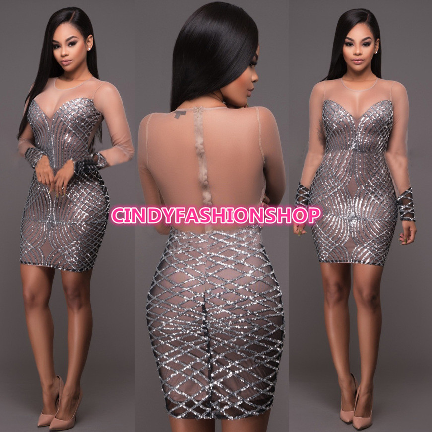 USA Women Mesh Sequin O-Neck See Through Body con Sexy Party Night Club Dress