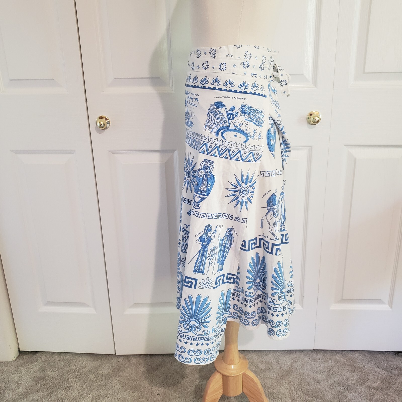 Vtg 1970s Greek Greece Novelty Wrap Skirt Blue White Cotton Size Medium