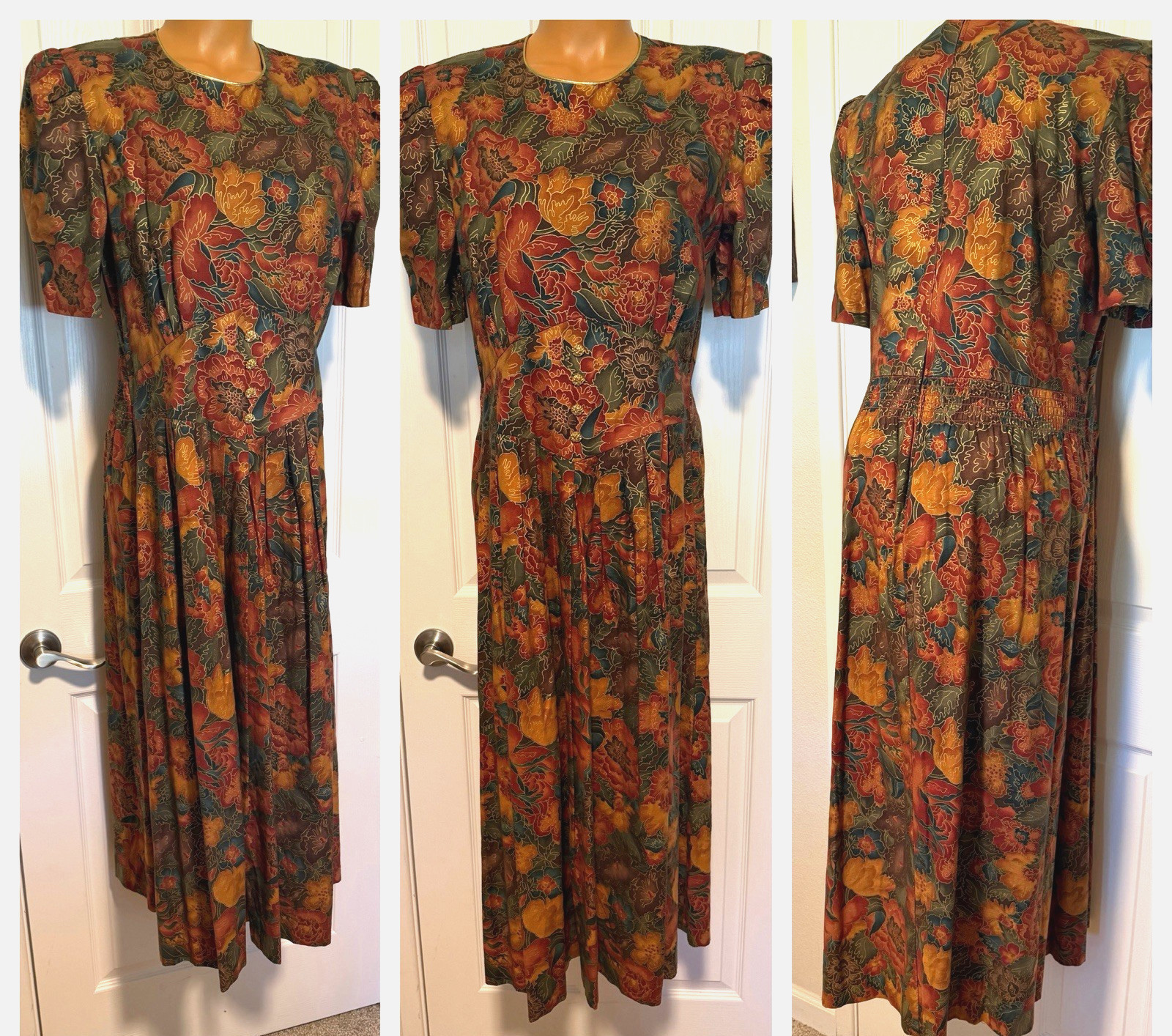 VTG 80’s MISS DORBY AUTUMN FLORAL COTTON BLEND RETRO DRESS SZ 12 (M-L)