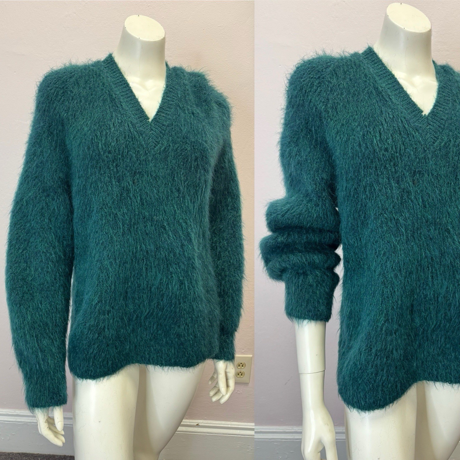Vtg 50s 60s teal blue green Mohair Kurt Cobain V neck sweater Distressed L