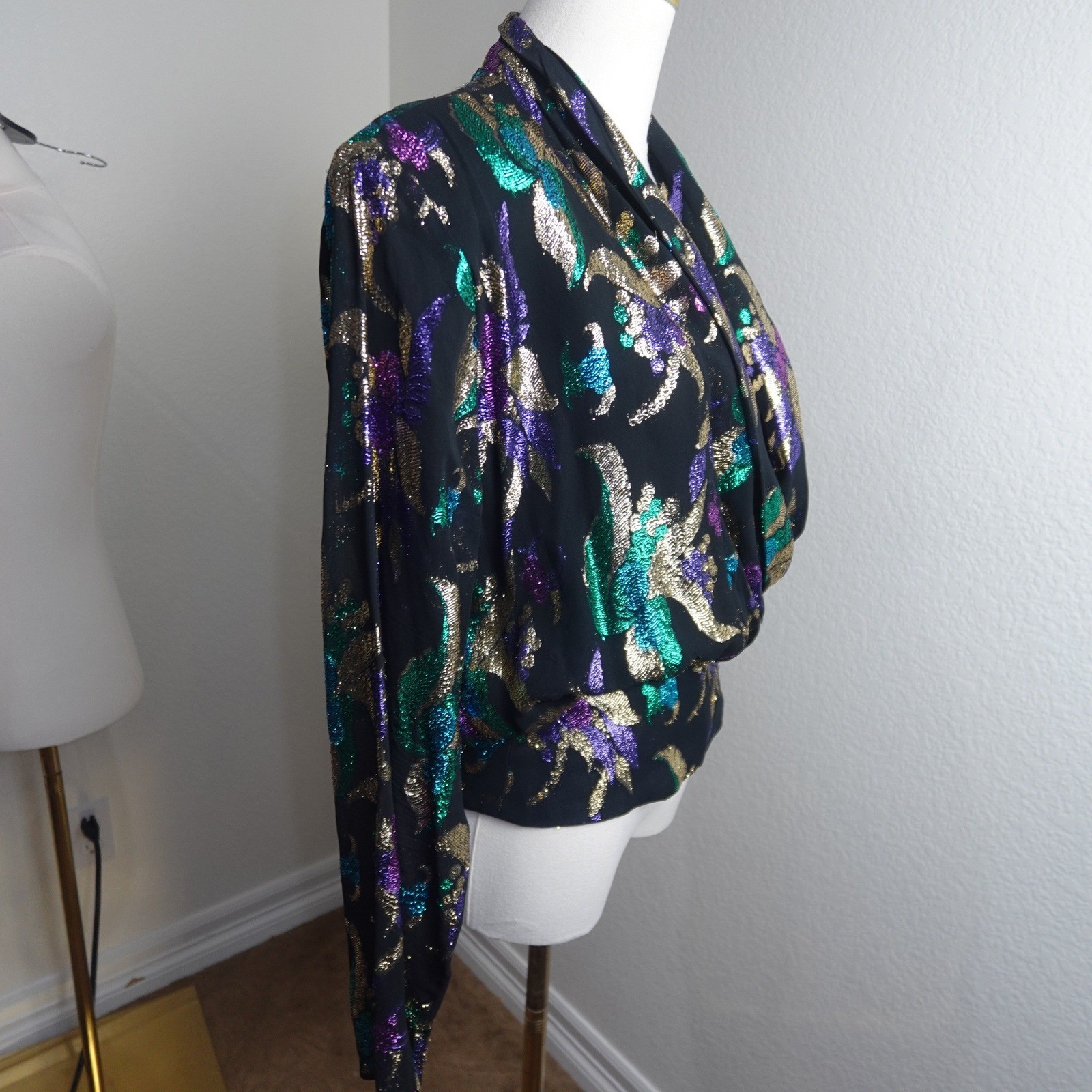 Vintage Anne Klein Black Metallic Abstract Blouse Purple Teal Gold Glam Top 80’s