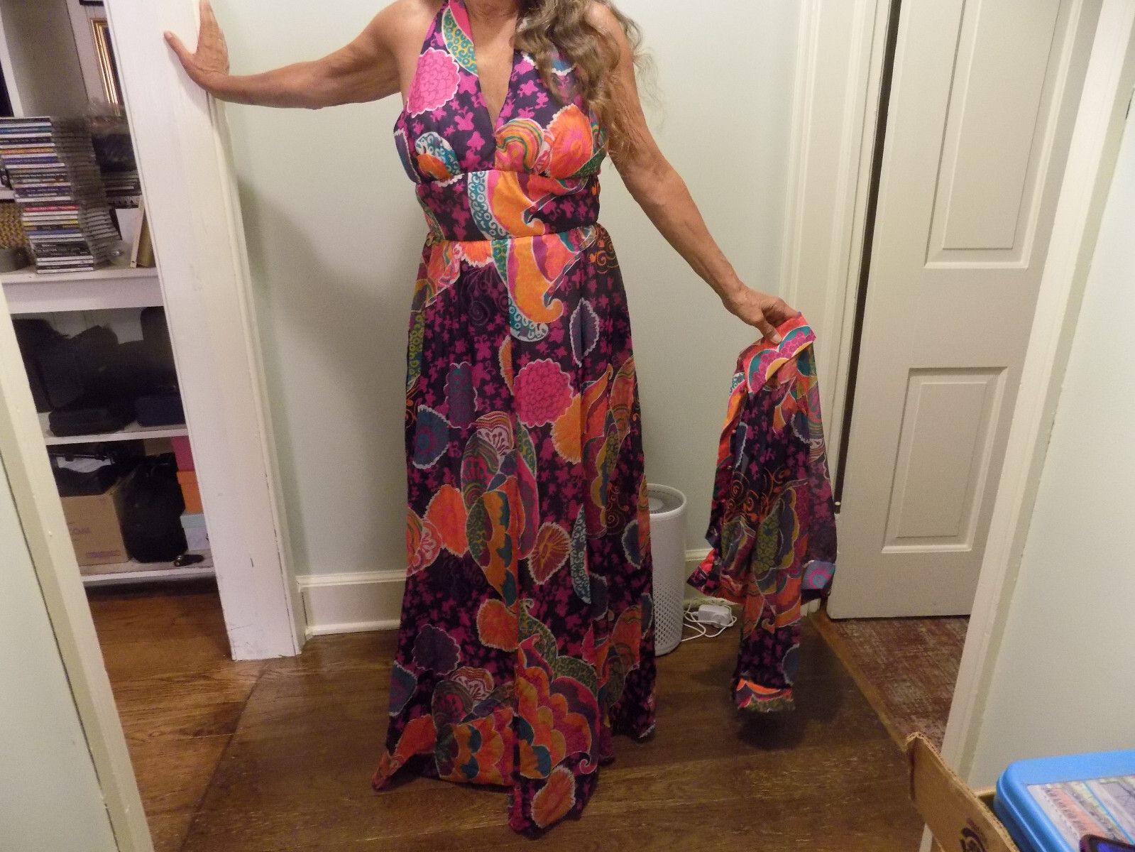 Don Luis vtg Halter Maxi Dress & Sheer Jacket BOLD Groovy Purple Orange Pink M