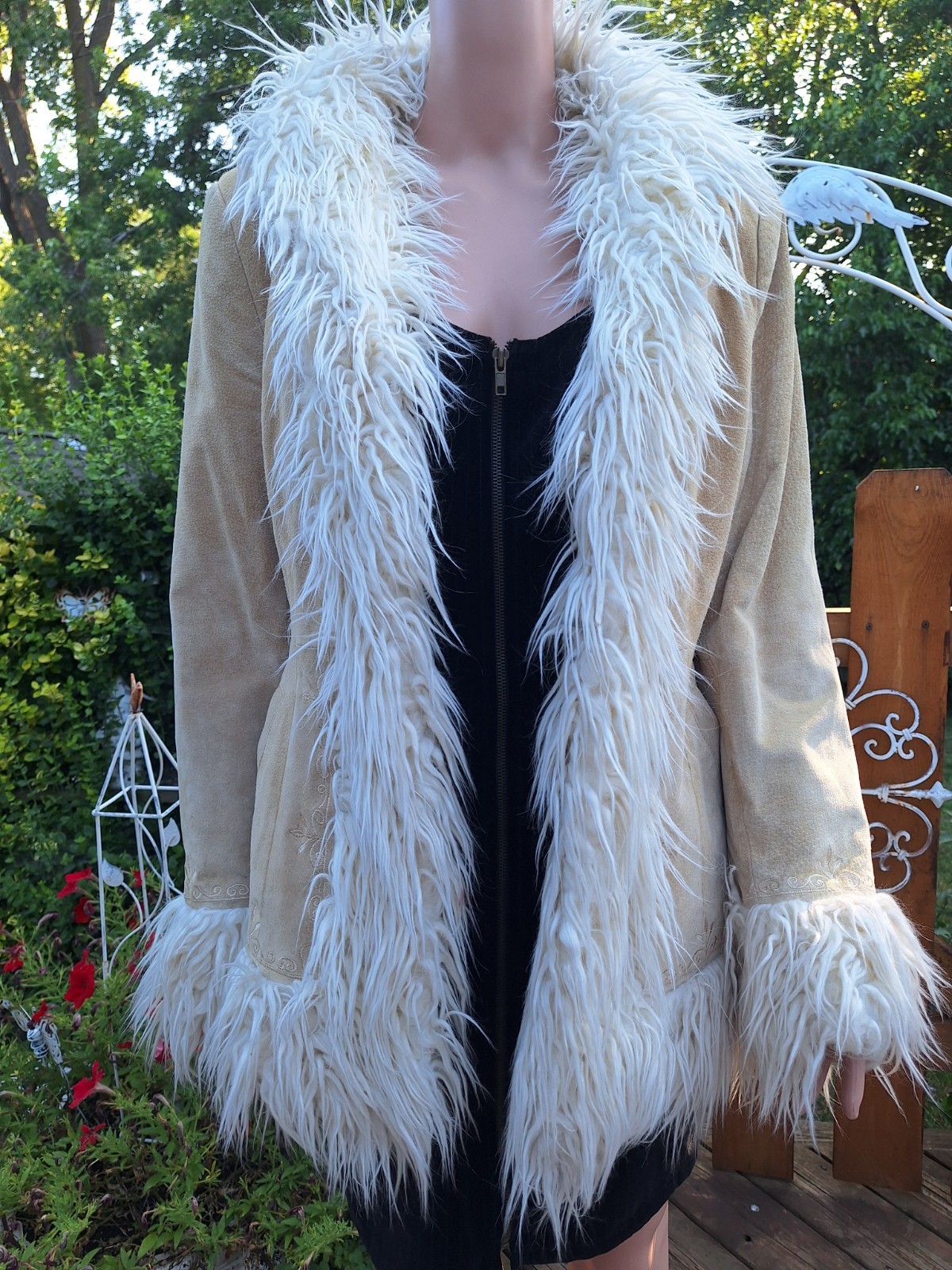 VTG 1990s Y2K Xhilaration Genuine Suede Penny Lane Coat Faux Fur Trim Boho L 90s