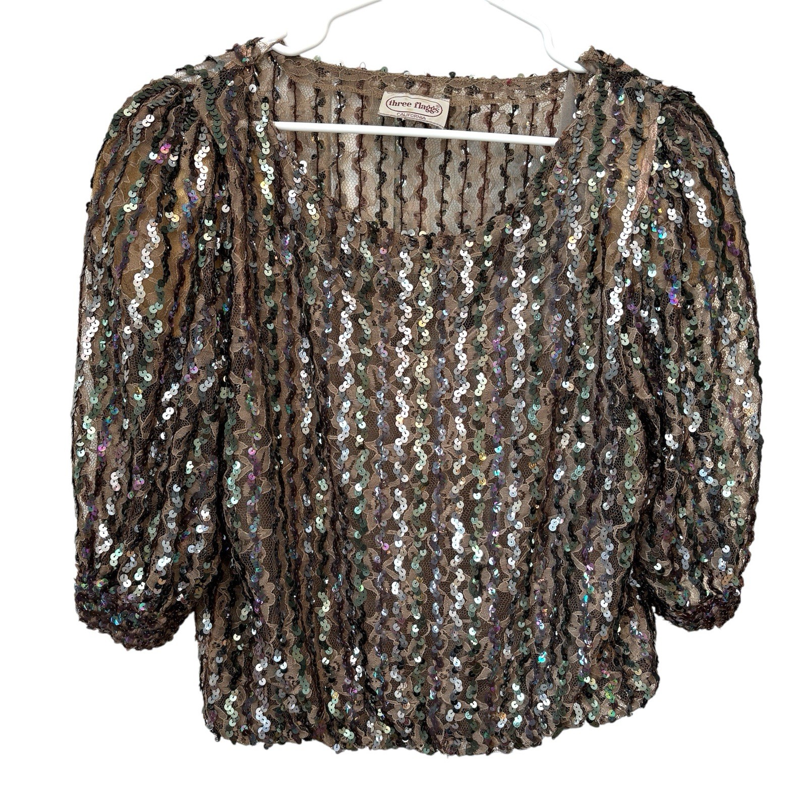 Vintage Three Flaggs California Sequin Lace Top Going Out Top Disco 80’s