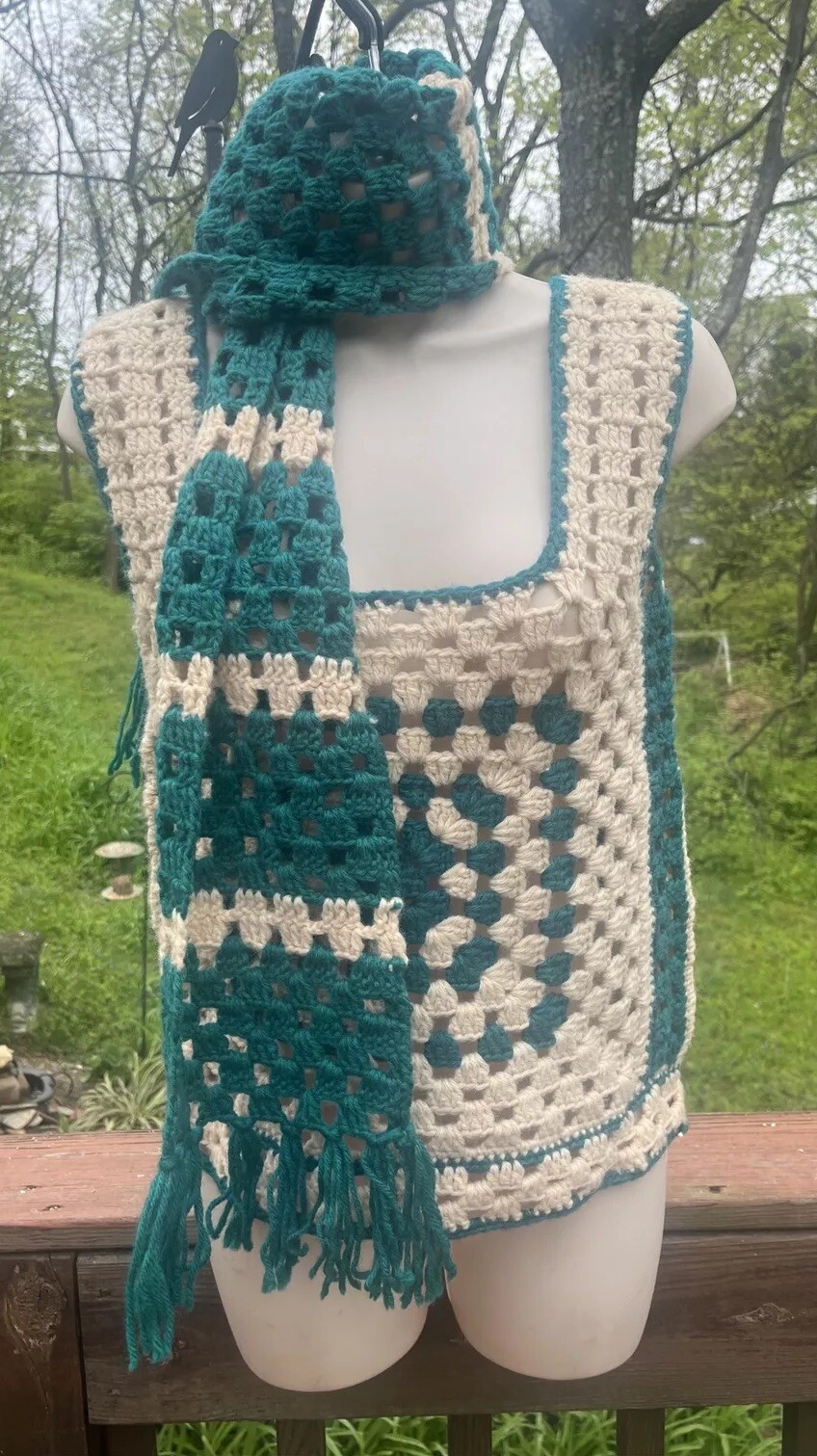 Vintage Retro Boho Chic Crochet Knit Granny Square Sweater Vest & Scarf Set OS