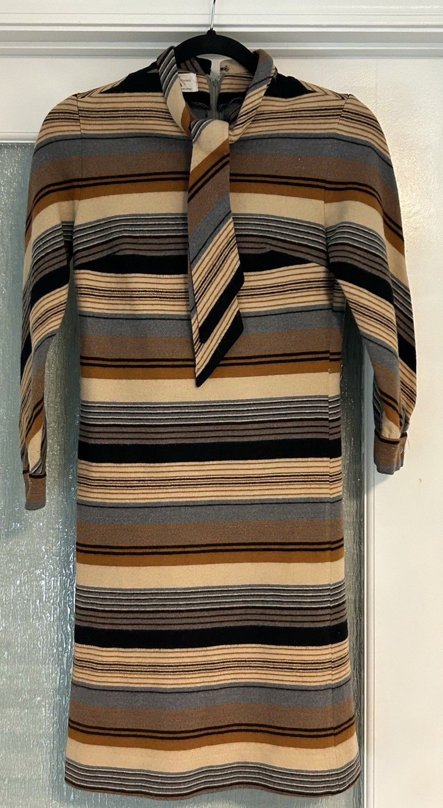 VTG 70s R&K Originals Mod Striped Sheath Dress Brown Black Gray Beige