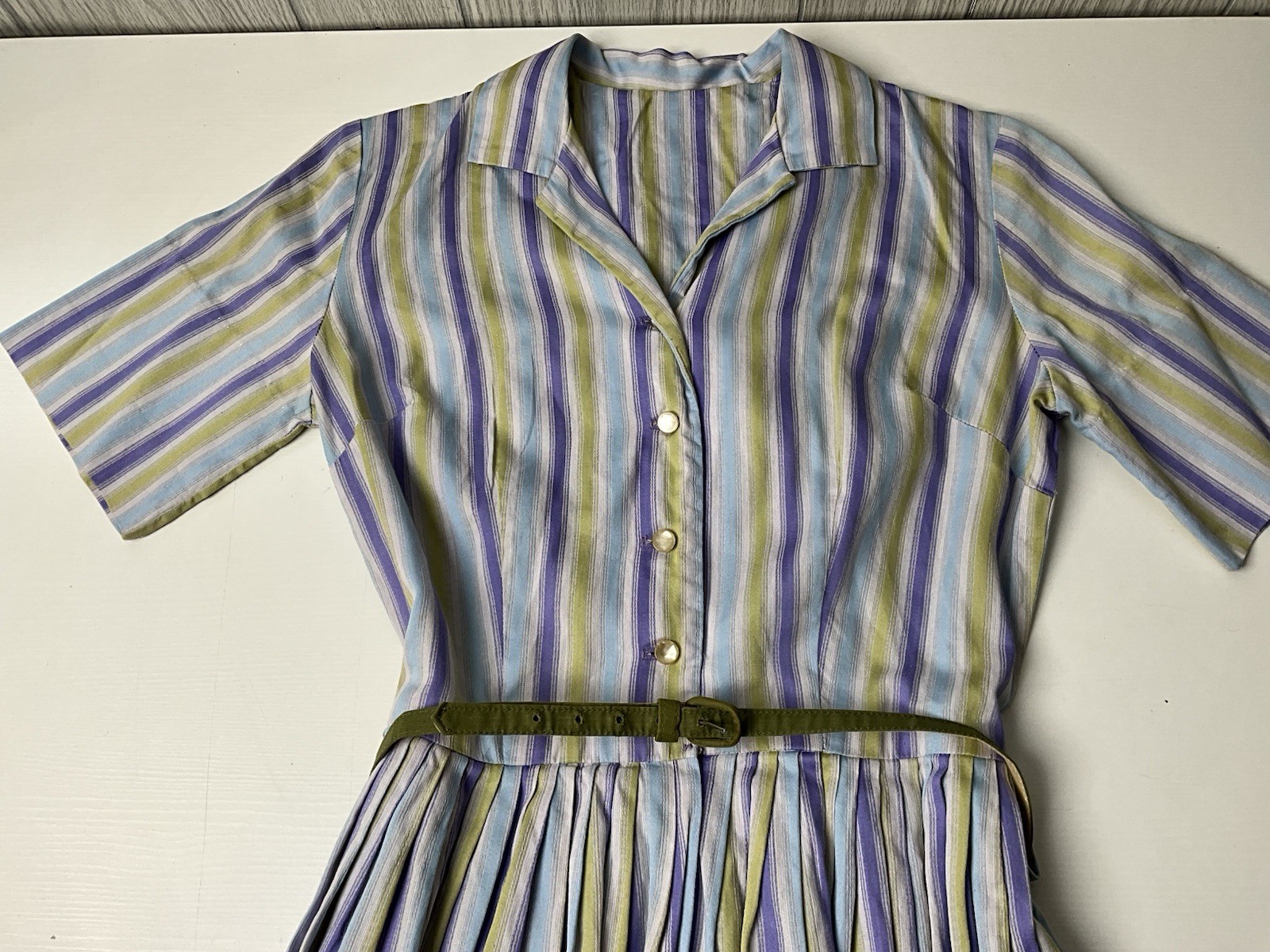 1950s Pat Perkins Vintage Sun Dress 100% Cotton Striped Button Up Belted XS/S