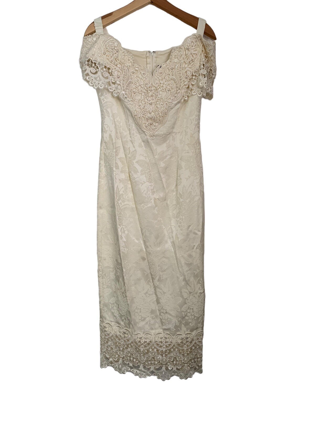 VTG 90s Pearls Lace Wedding Dress Cachet by Bari Protas Ivory Volup Gown Bodycon