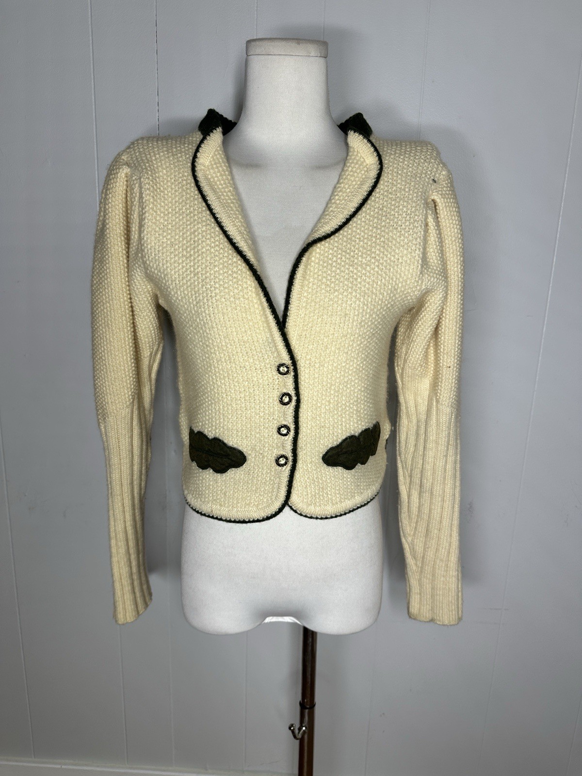 Vintage 80s Does 40s Folk Mutton Sleeve New Wool Cardigan Sweater Austrian Made