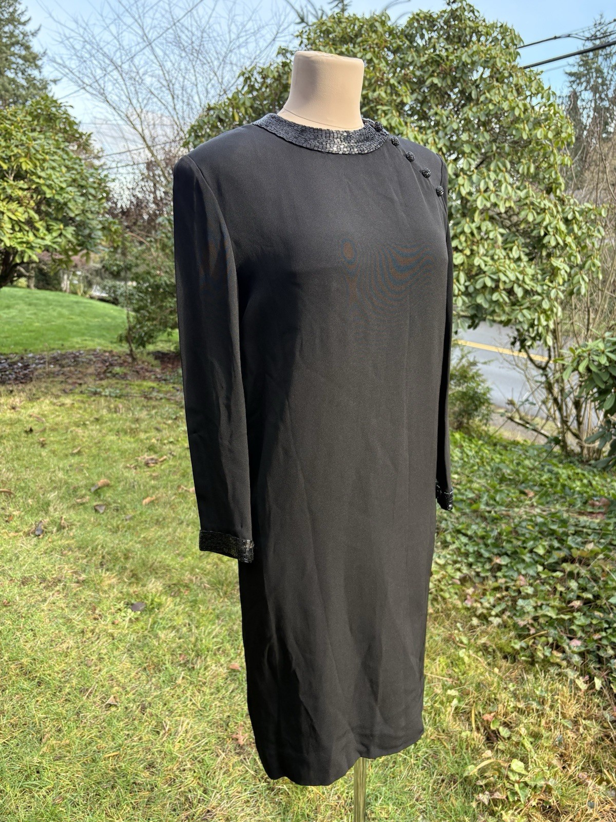 Albert Nipon Black Beaded Acetate Rayon Vintage Dress Size 8