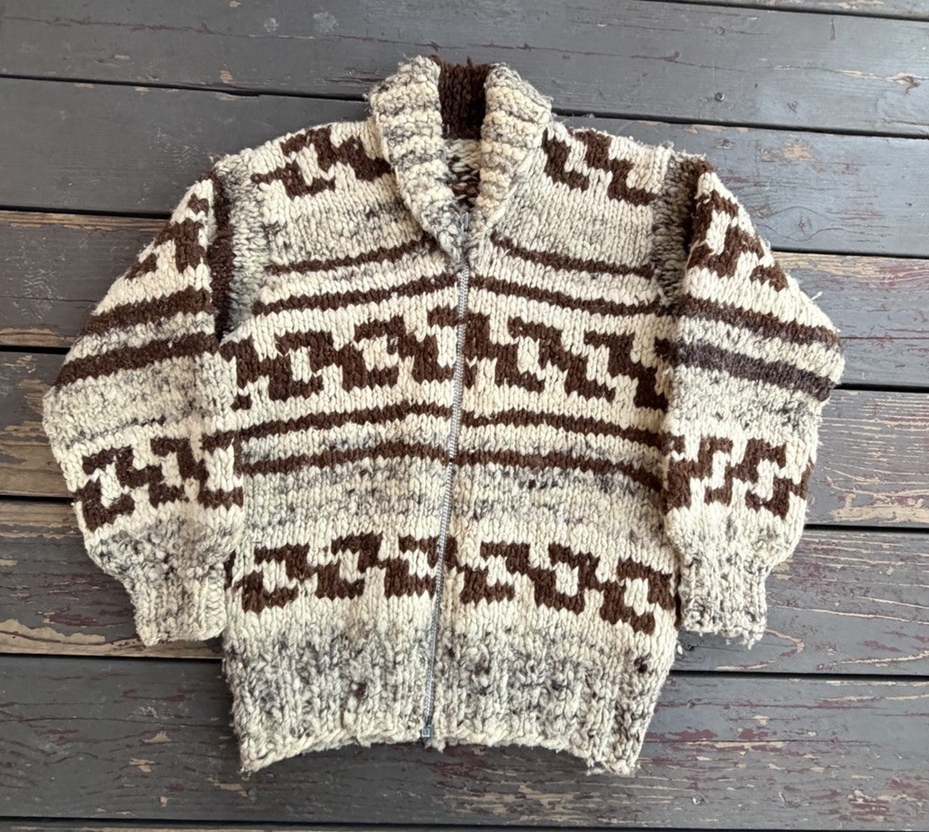 VINTAGE 50S 60S COWICHAN WOOL SWEATER JACKET ZIP UP 19” x 24” HEAVYWEIGHT WOOL ￼
