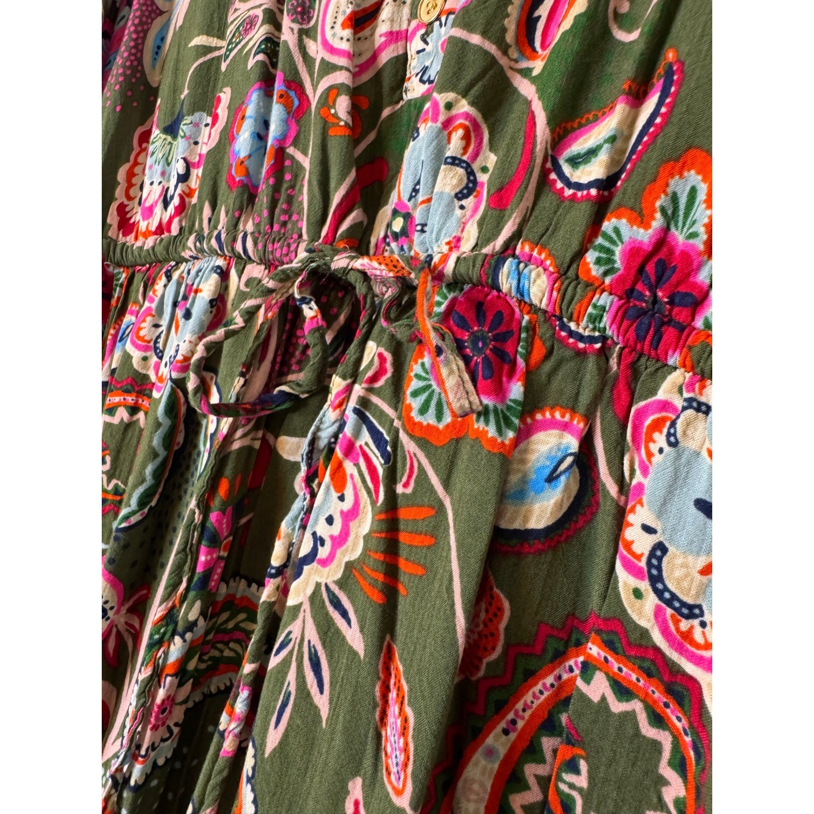 Olive Green Boho Prairie Maxi Dress Paisley Floral Cottagecore Peasant Small