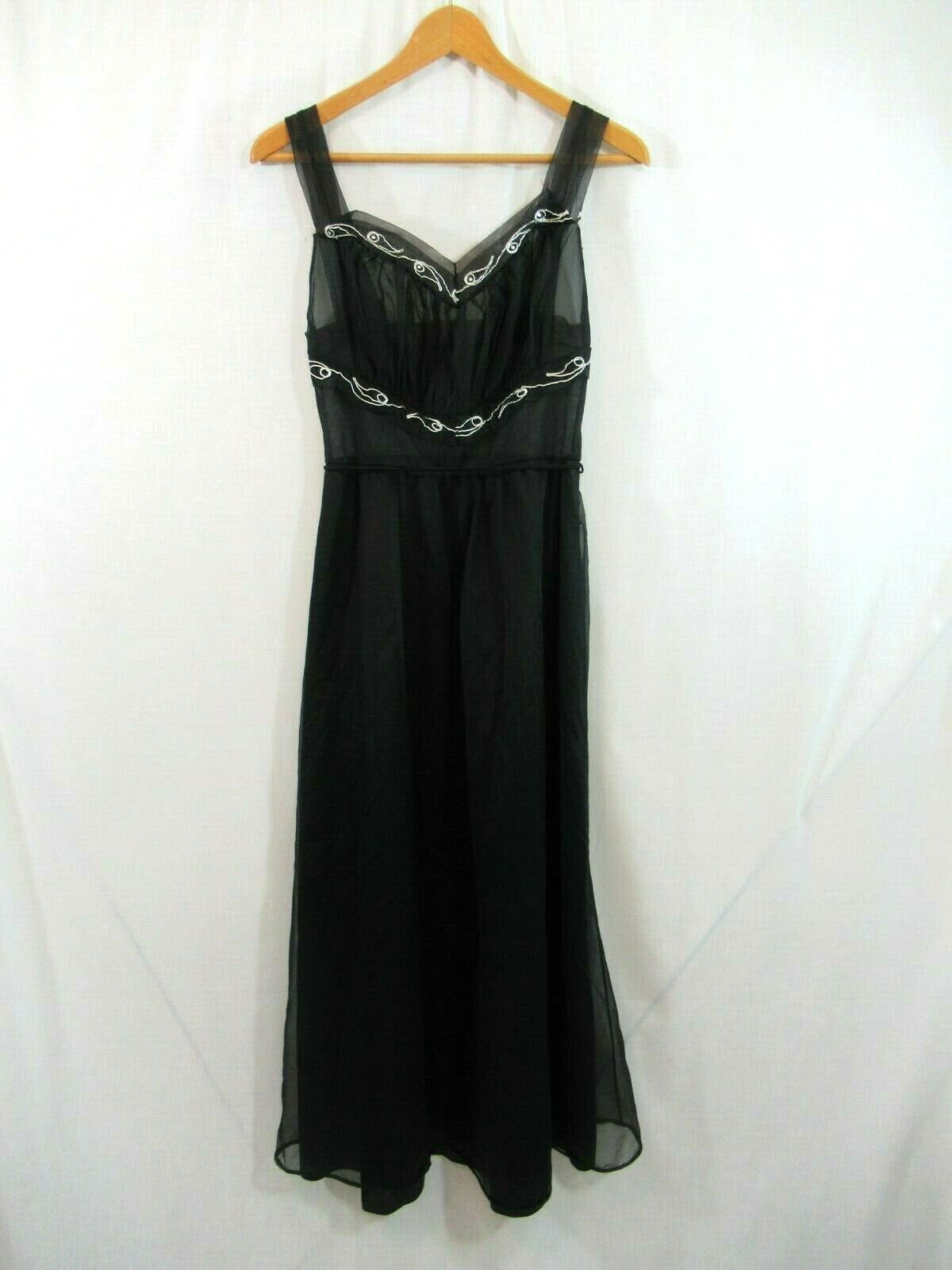 Vintage 50s Pandora Lingerie Rhinestone Embroidered Nightgown 34 Black Sheer