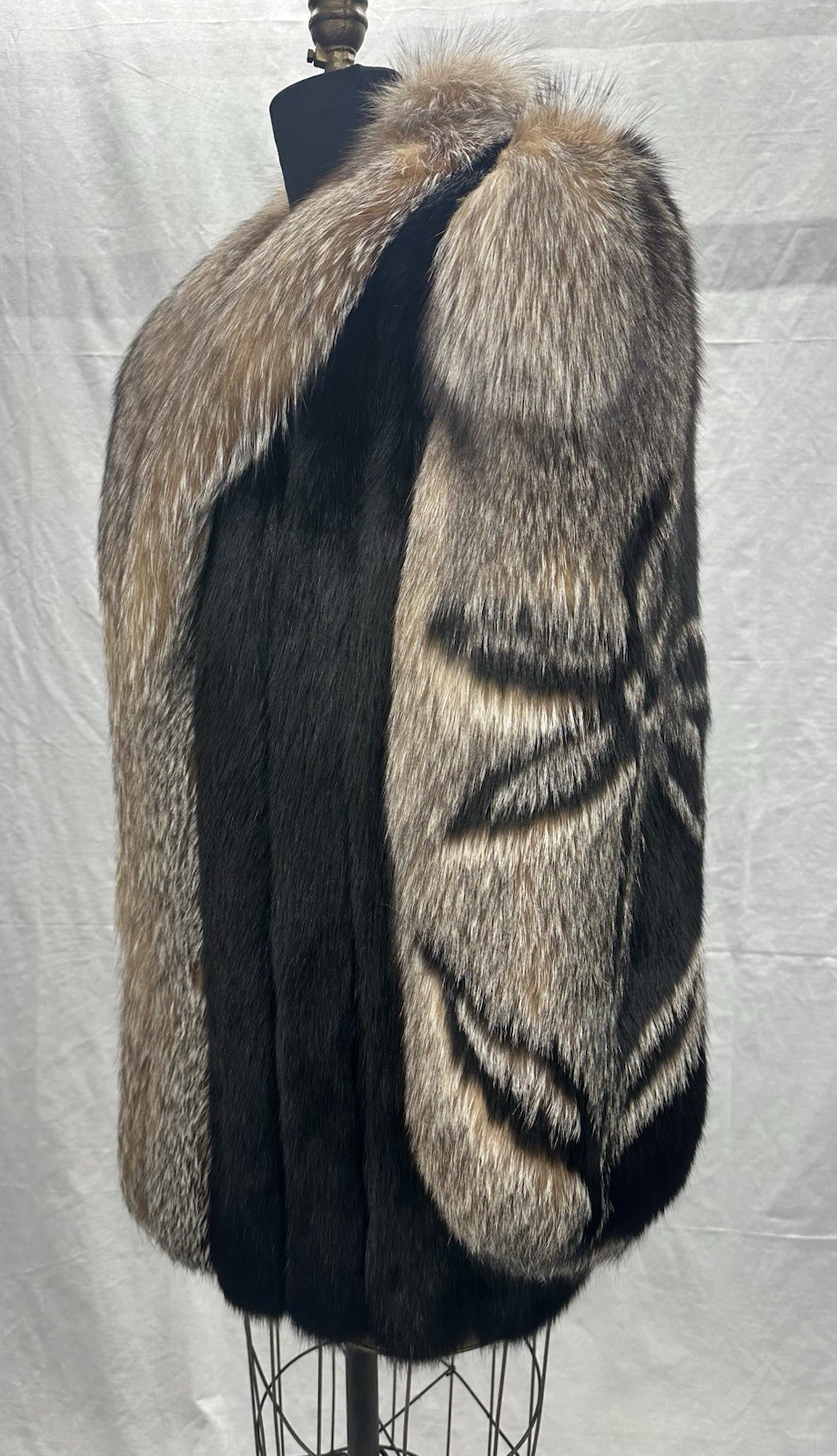 Women’s Vintage Black Fox Fur Jacket w/ Crystal Fox Tux + Sleeves Flower Design