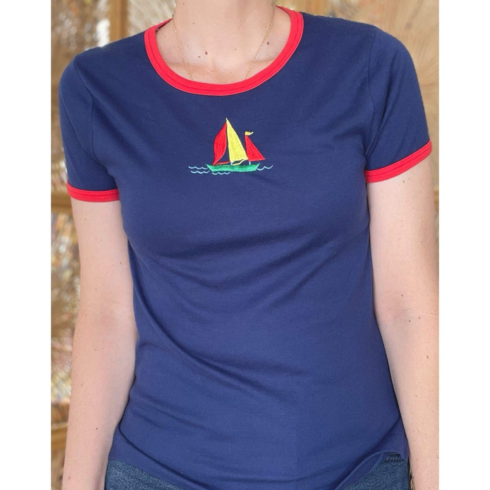 Vintage Avantique Retro Navy Blue Red Ringer Tee Shirt with Embroidered Sailboat