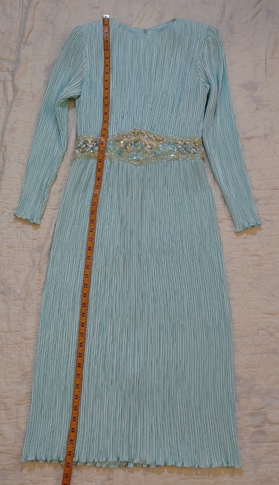 Vintage Ricki Lang Nuit Fortuny Pleat Evening Dress Deco Sequin 14 USA Union tag