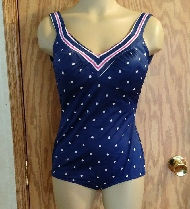 Womens Maxine Of Hollywood Polka Dot Ruched Swimsuit Pinup Bombshell bra VTG