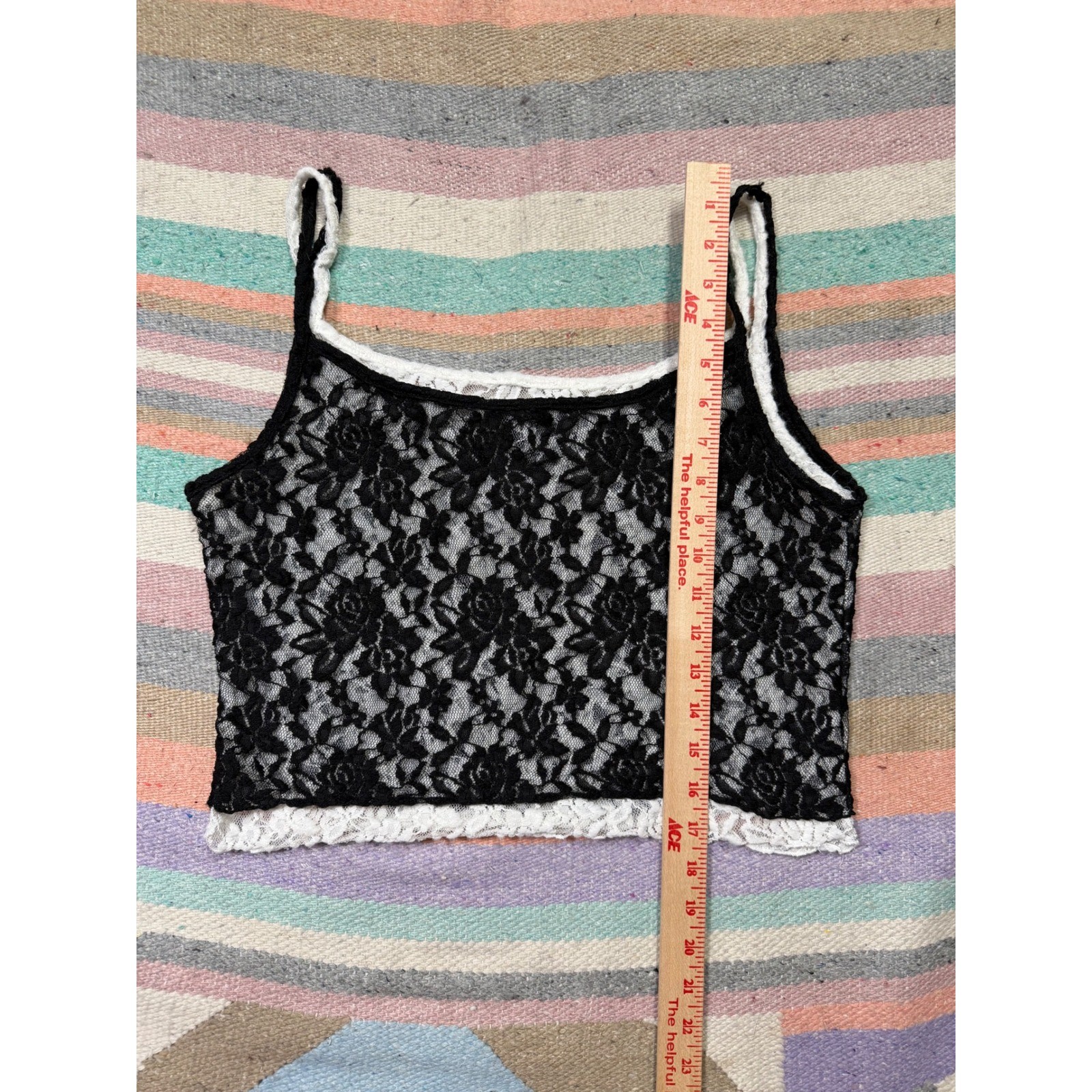 Y2K Just Polly Double Layer Lace Cami Tank XL Black White Sheer Gothic Coquette