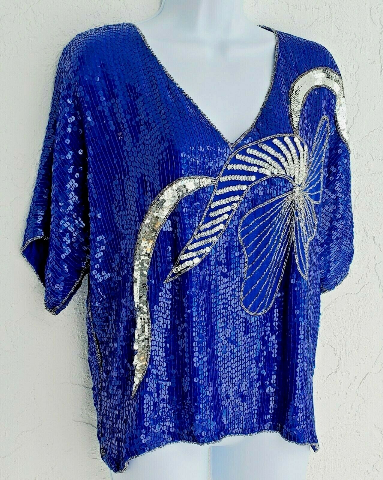 Vintage JEAN For JOSEPH LE BON Women’s Dressy Silk Top Blue & Silver Sequins M