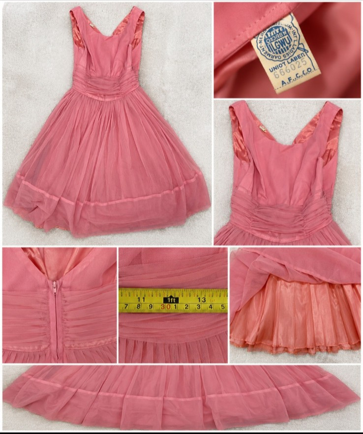 Vintage 1950s True Pink Party Dress Tea Length Chiffon ILGWU Full Skirt