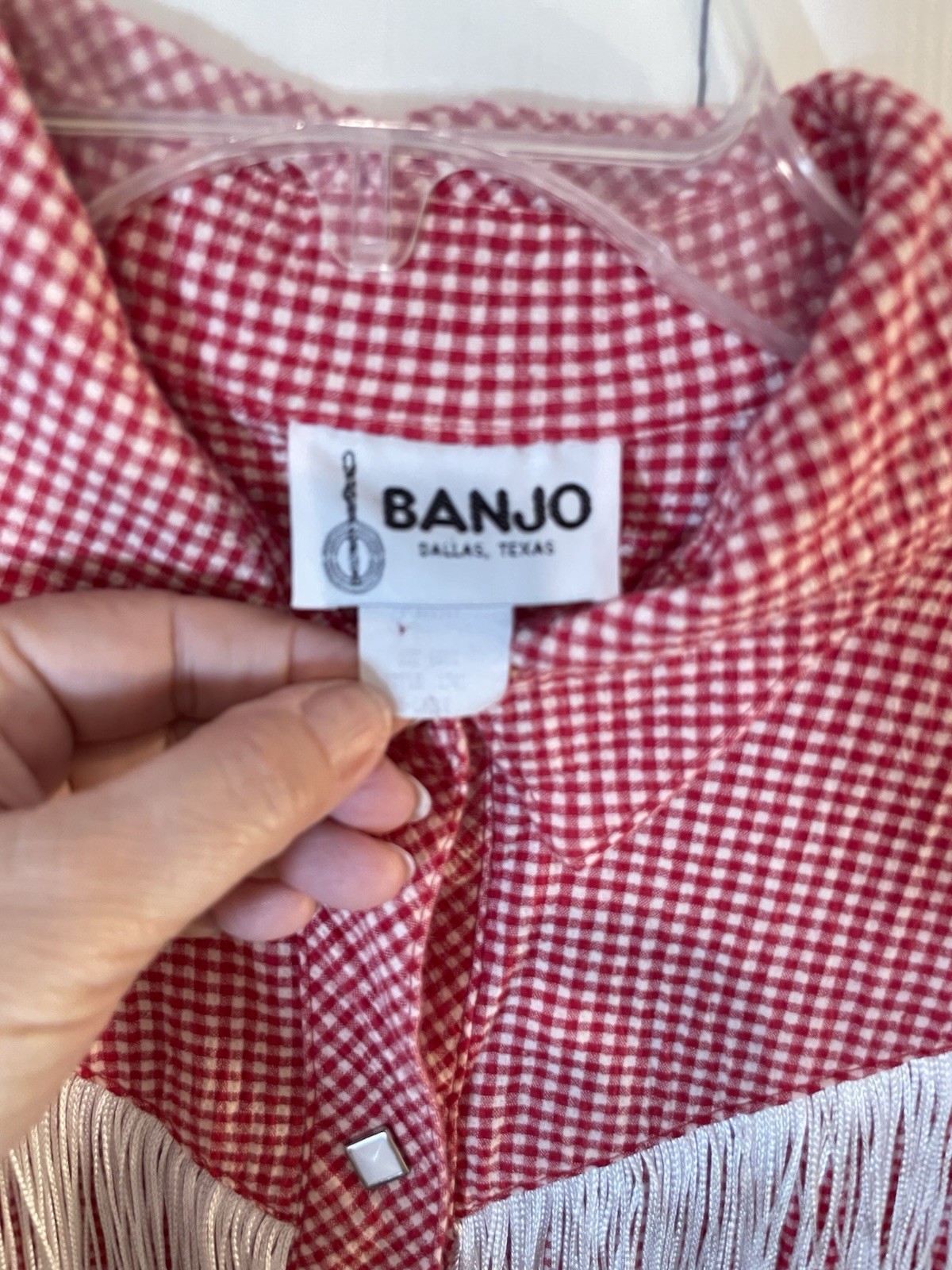 Vintage Ladies XL Banjo Western Shirt Red Gingham Fringe Snap Front Short Sleeve