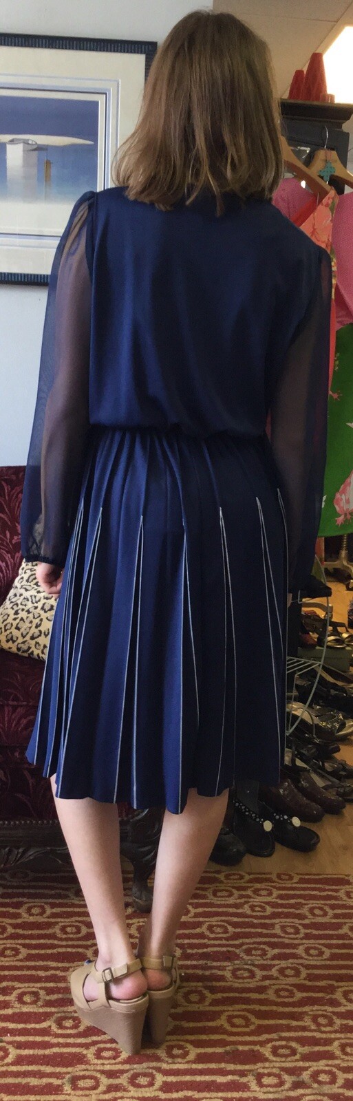VINTAGE 1980’S RICCARDO BLUE Pleated DRESS Size Medium
