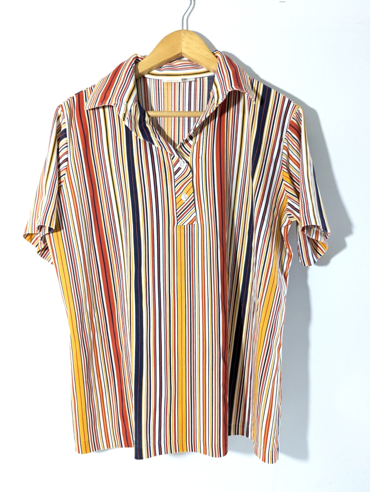 Vintage JC Double Knit Polyester Woman Striped Blouse Shirt Sz XL Short Sleeve