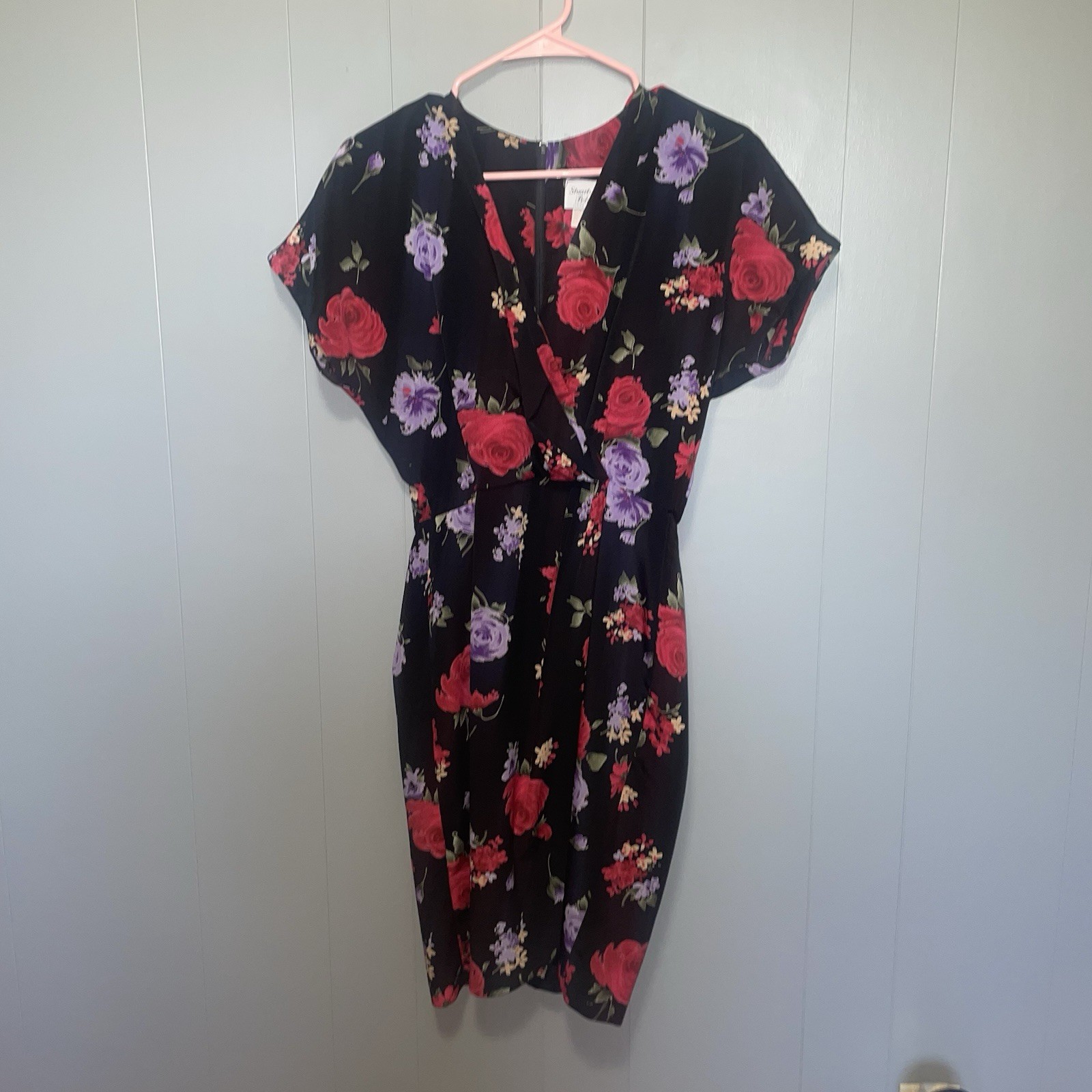 Vintage Stuart Alan Petites Black Red Purple Floral Knee Length Dress Medium