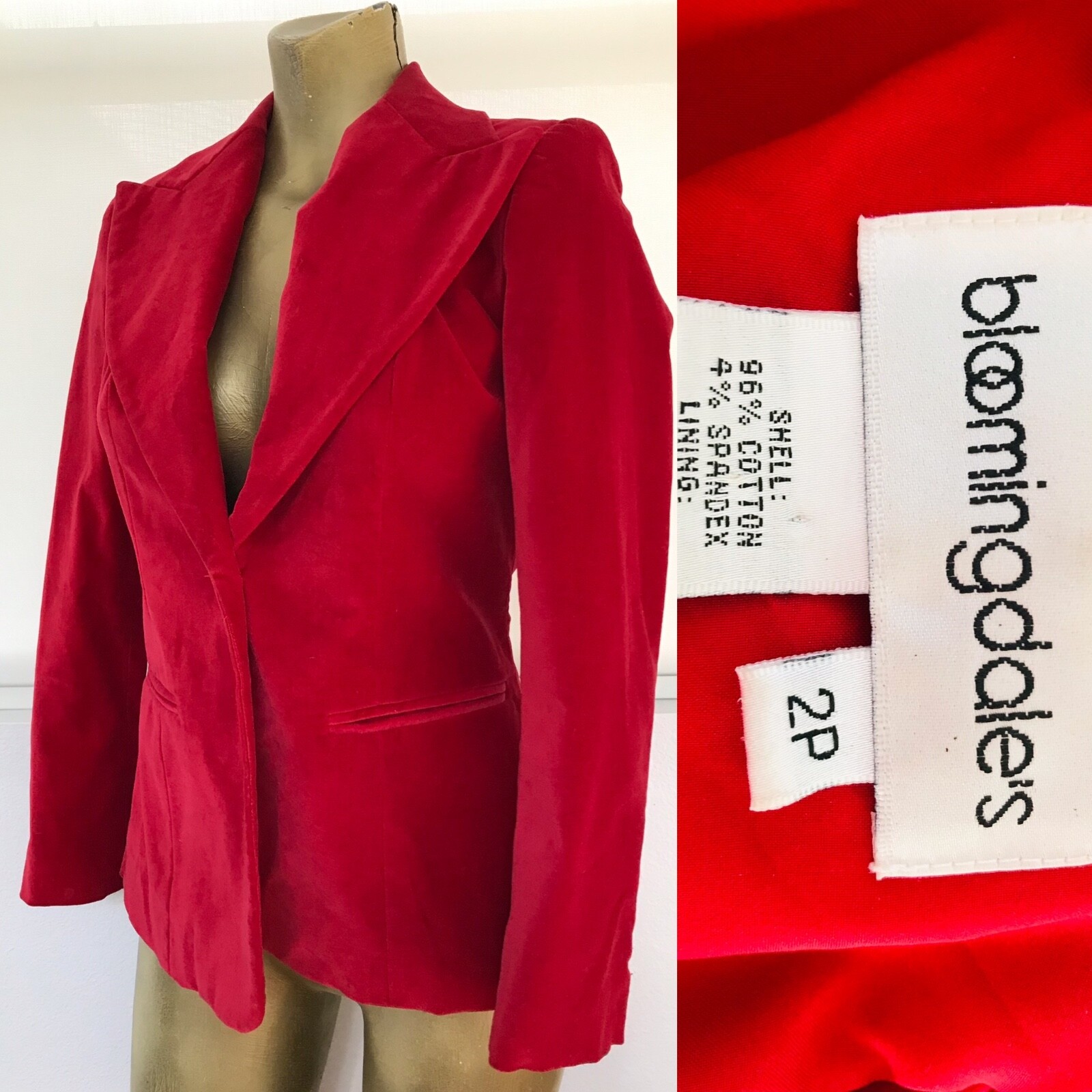 VINTAGE 80s Disco Era BLOOMINGDALES Red VELVET TUXEDO Smoking JACKET Size 2P