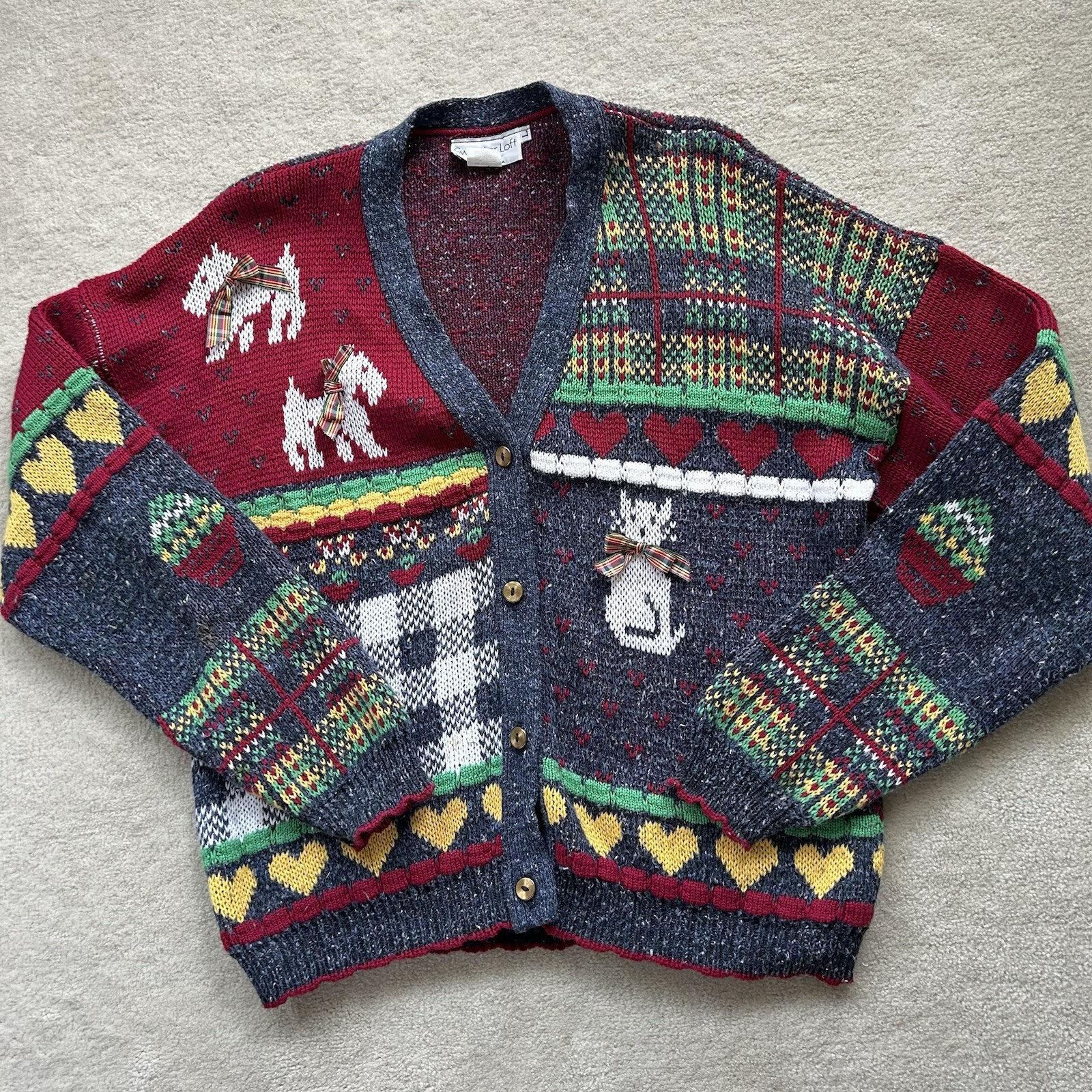 Vintage 80s Sweater Loft Women’s Large Dog Cat Theme Cardigan Patchwork USA Made