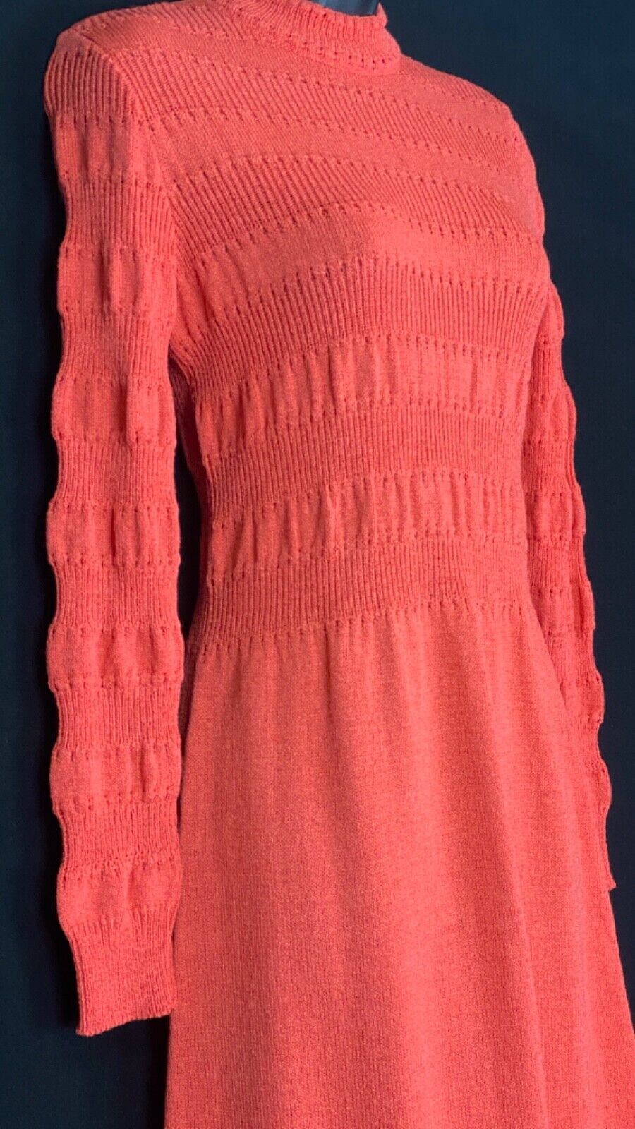 Vintage 1970s coral sweater dress, long sleeve orange knit salmon XS S