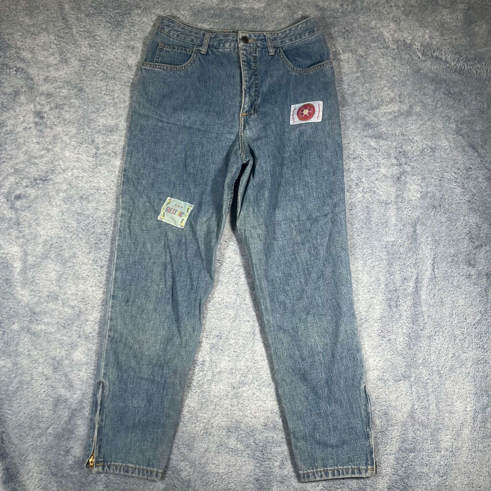 Vintage Guess Inc Jeans Medium Wash High Waist Tapered Leg Ankle Zip Patches 27