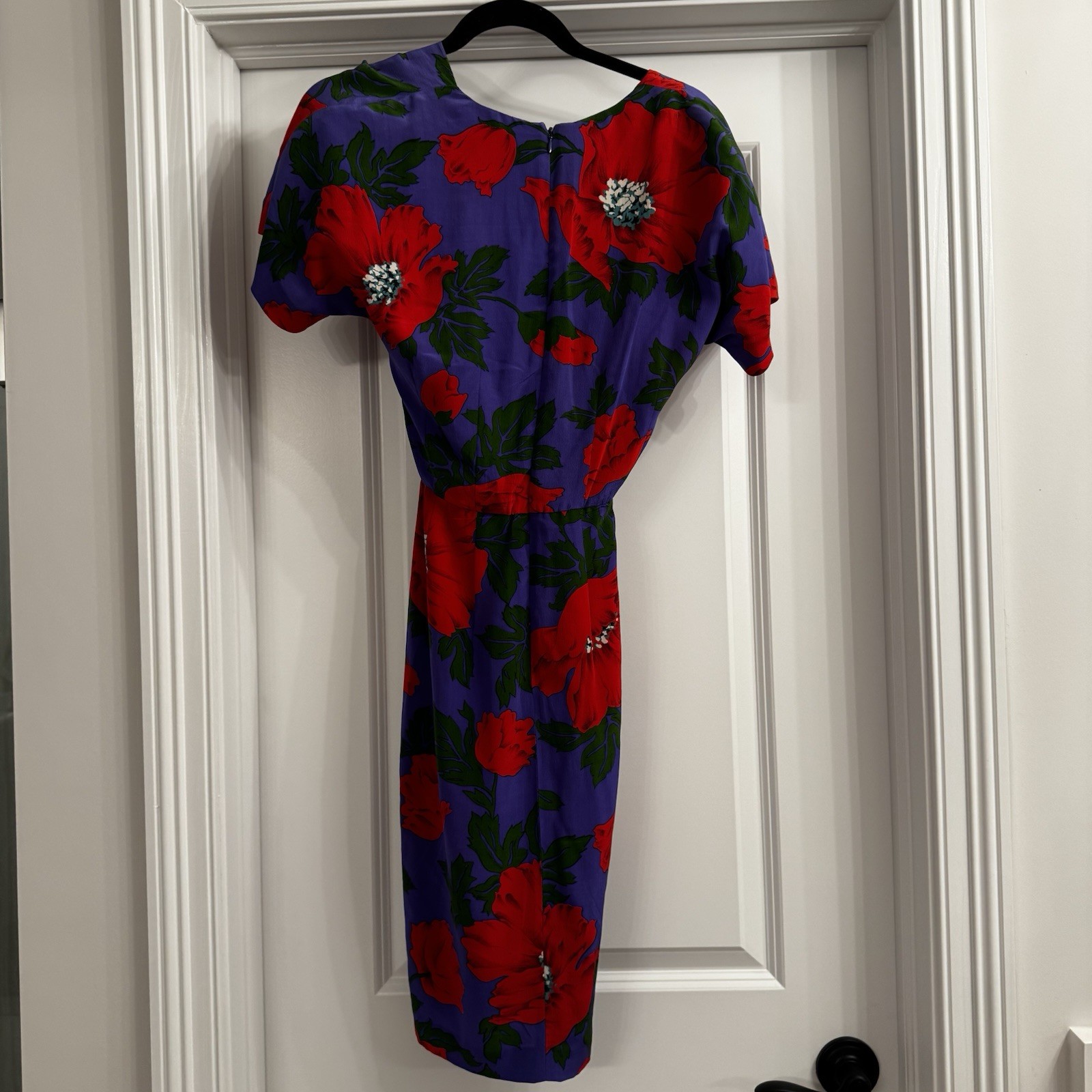 Vintage 80s Liz Claiborne 100% Silk Floral Dress Red Purple Midi 4 Shoulder Pads