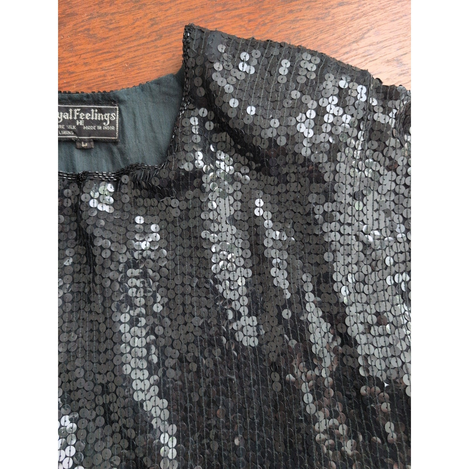 Royal Feelings Silk Sequin Black Party Rave Sparkle Cocktail Top Women L Vintage