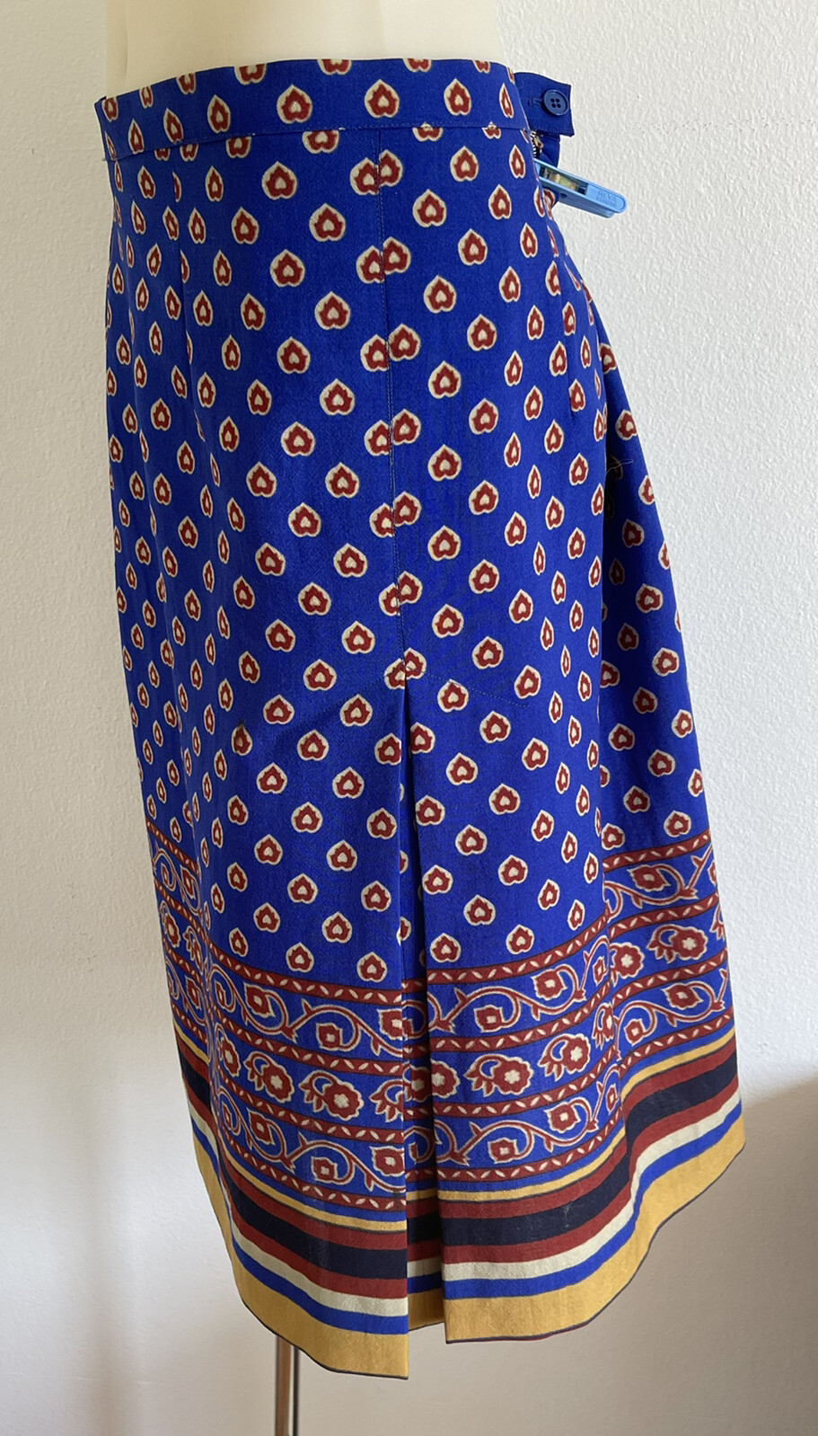 GUY LAROCHE 1980s Vintage Wool Skirt Cobalt Blue Block Print Handmade Size FR42