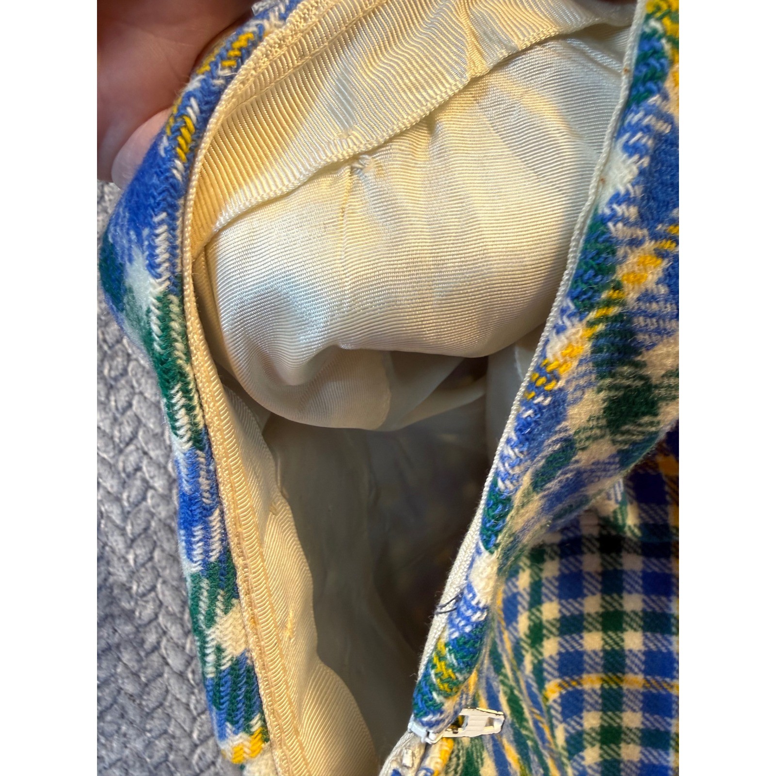 Vintage Plaid A-Line Skirt Blue Green Yellow Wool Check Mod Schoolgirl Preppy