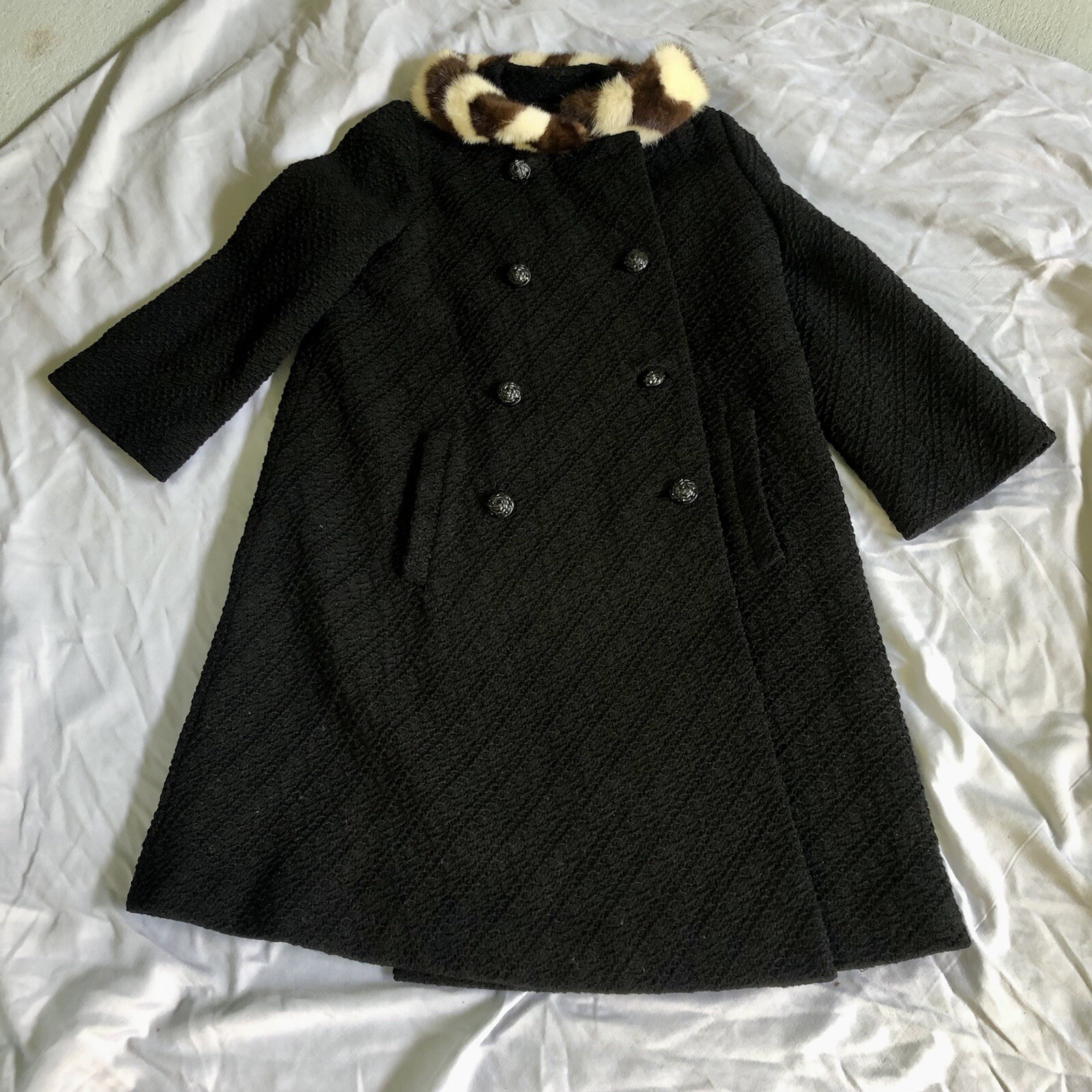 Vtg MCM Black Coat Stripe 2 Tone Fur Collar Swing Textured OOAK Glam Mid Century