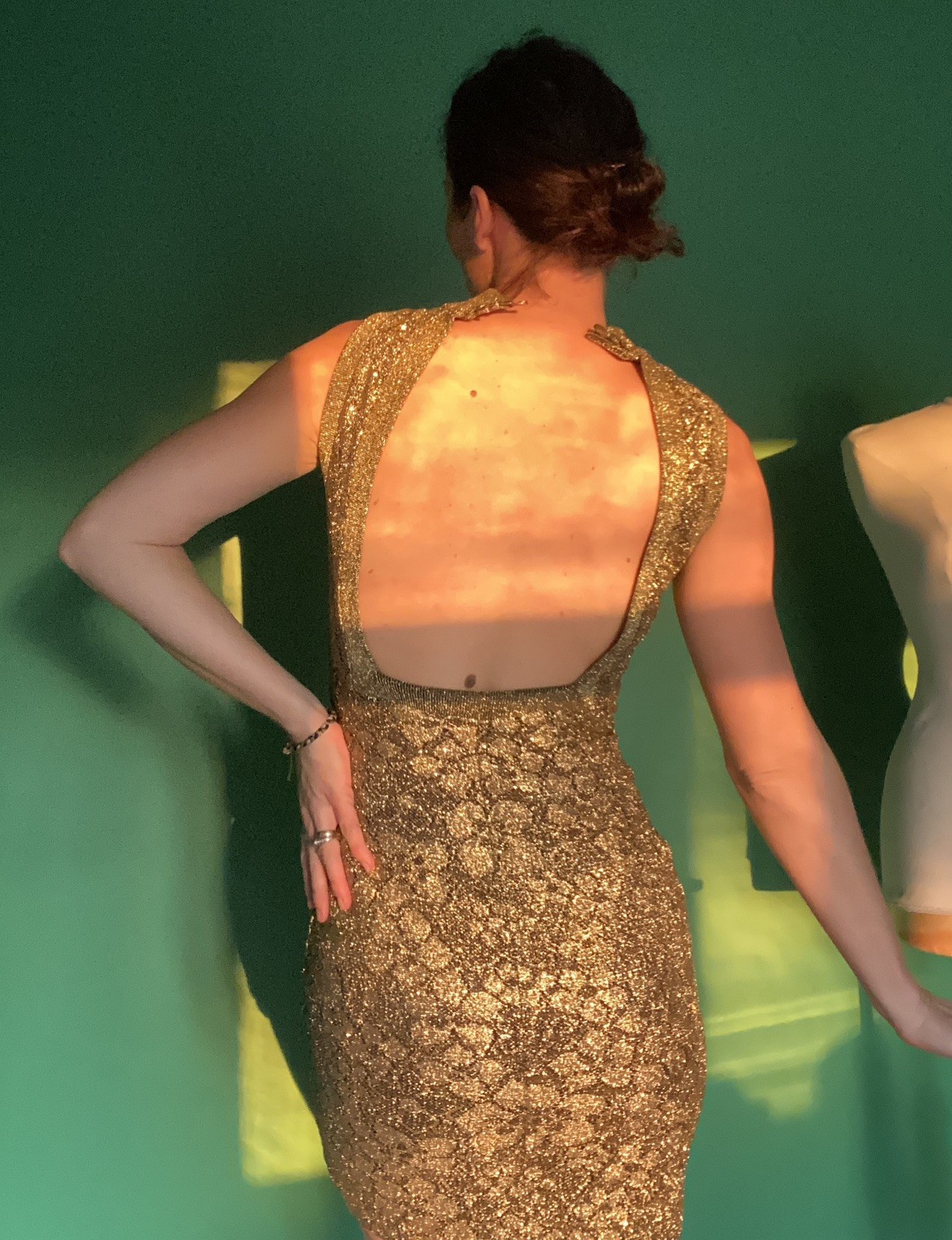 Karen Okada 'Climax’ for David Howard 80s Gold Bodycon Mini Floral Lace Dress