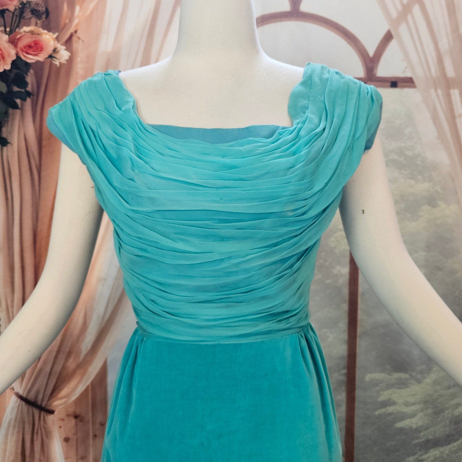 Vintage 1950s Dress Jay Herbert California Teal Ruched Draped Cocktail Formal